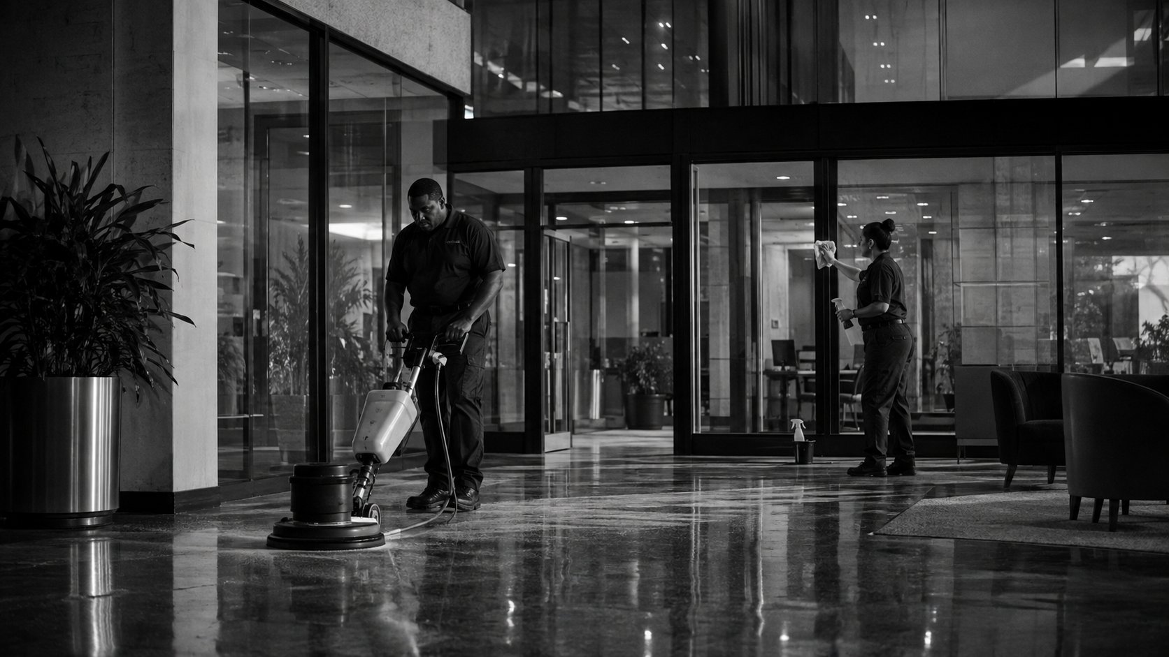 A commercial cleaning crew servicing an office building lobby at night