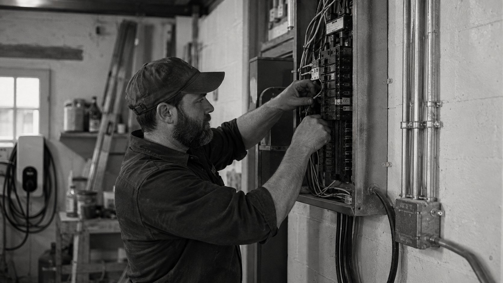 An electrician working inside an open breaker panel