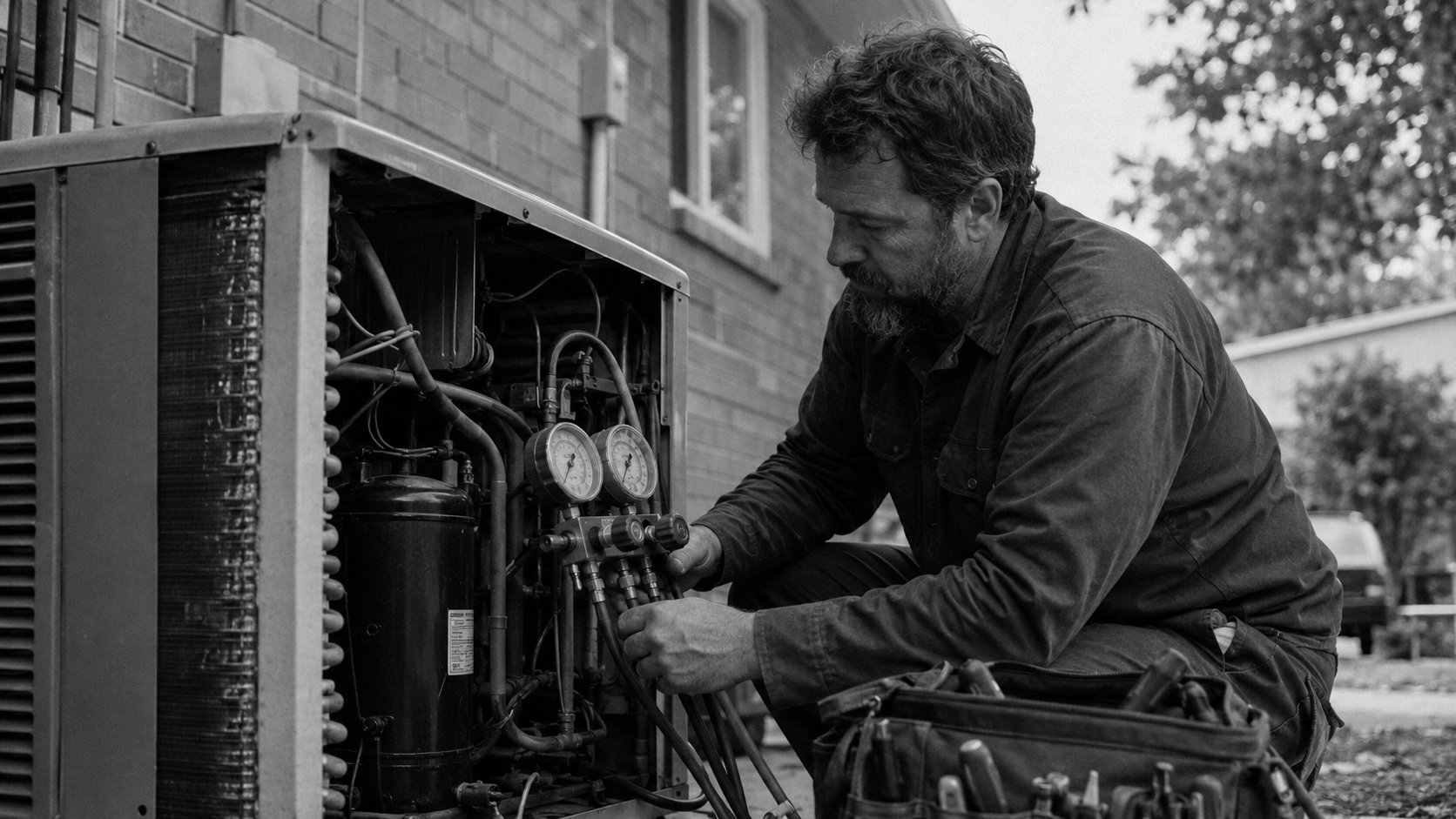 An HVAC technician servicing an outdoor condenser unit