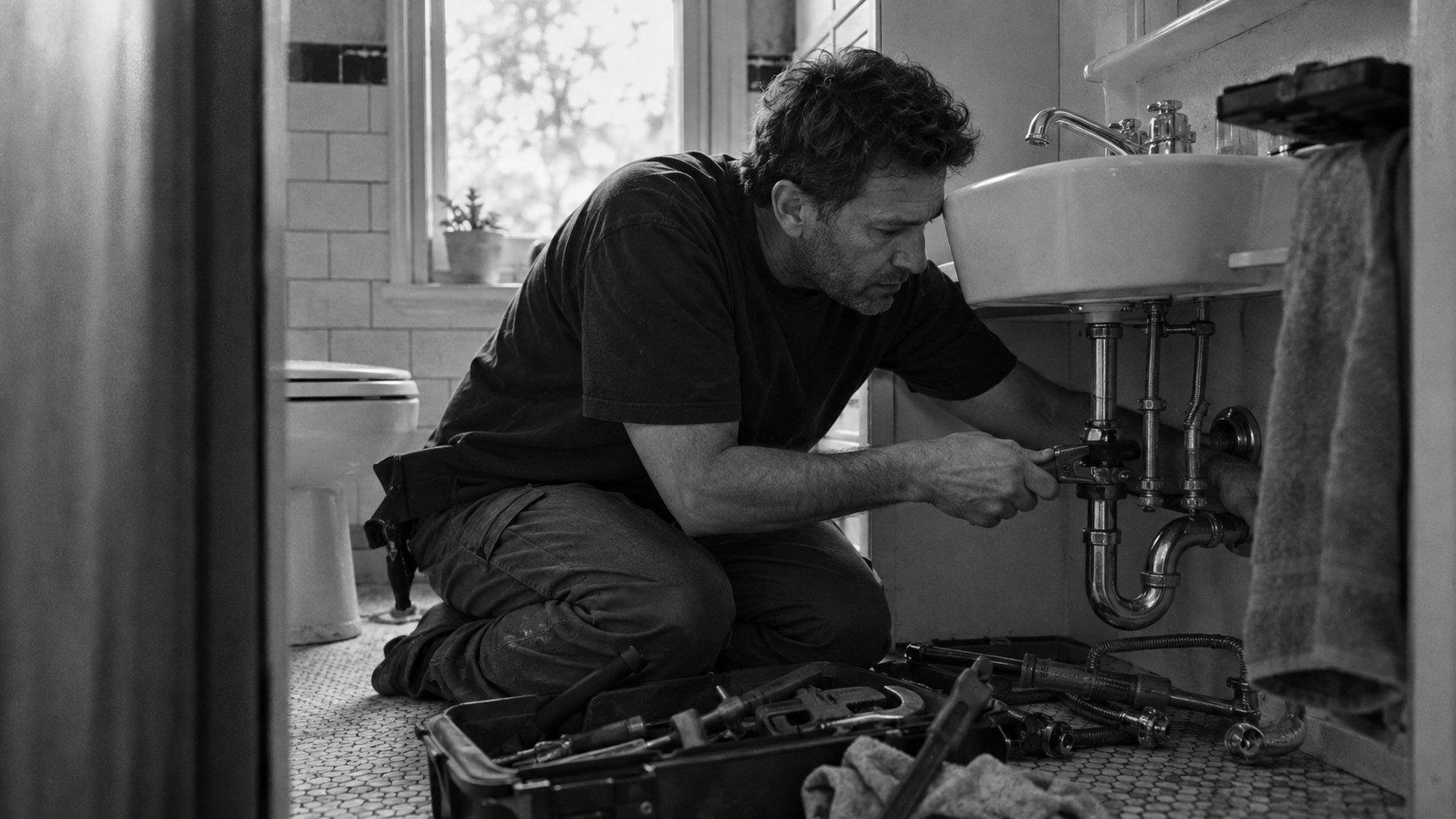 A plumber repairing pipework under a bathroom sink