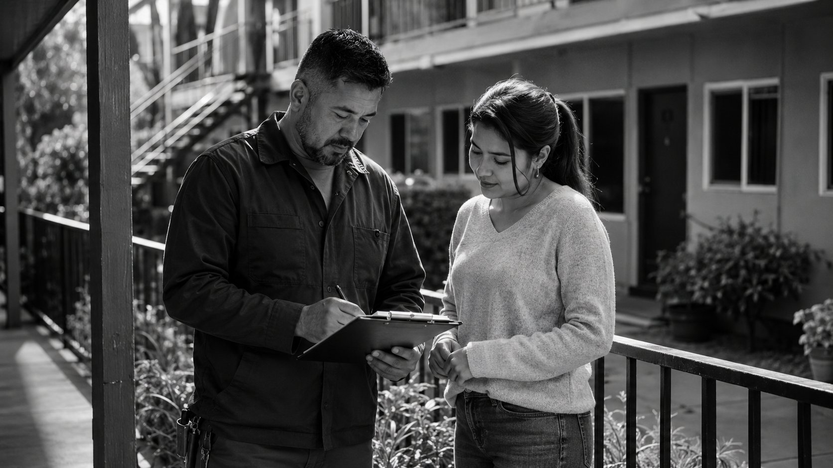 A property manager reviewing a clipboard with a tenant outside an apartment building