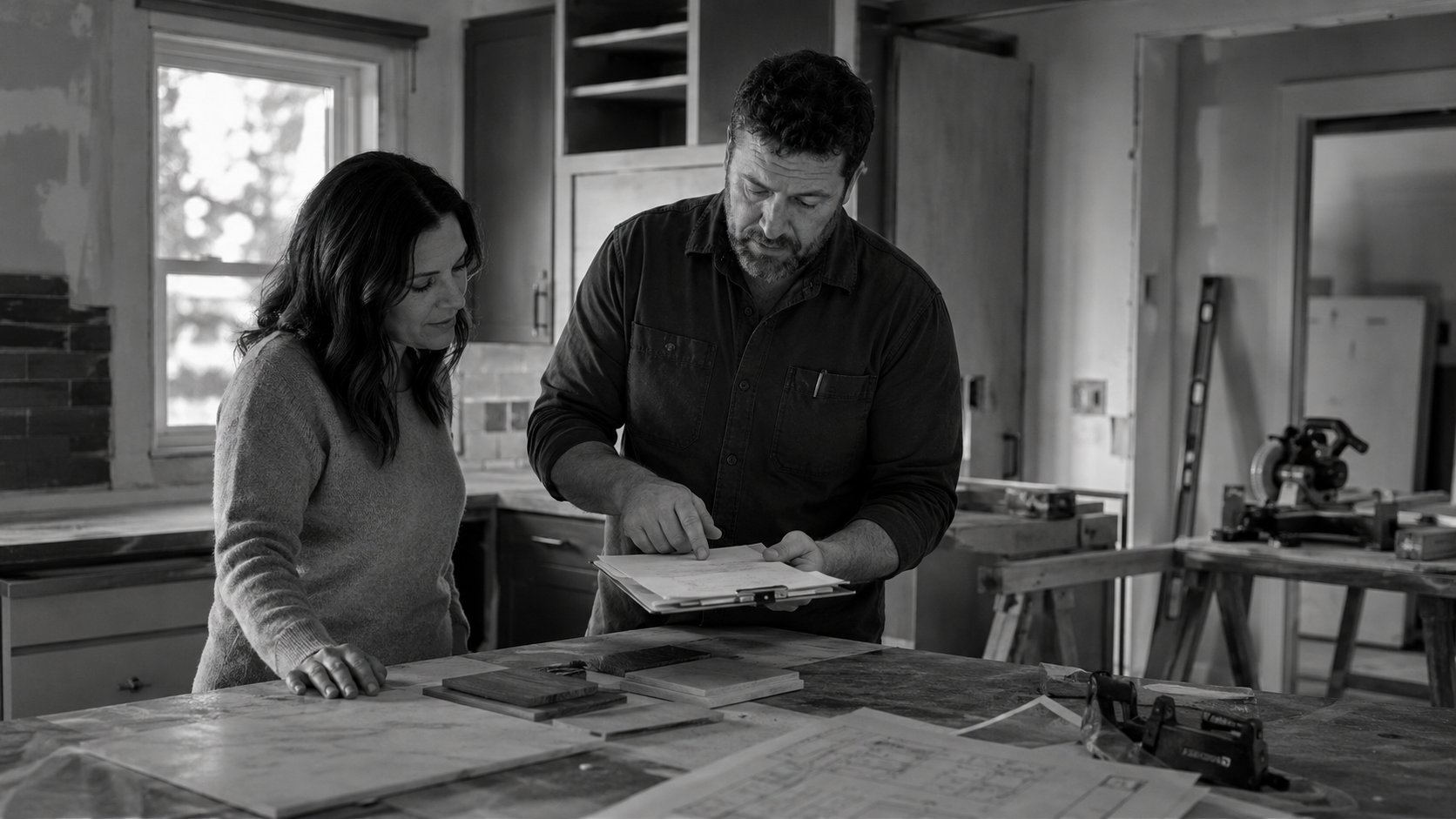 A contractor reviewing material samples and blueprints with a homeowner in a gutted kitchen