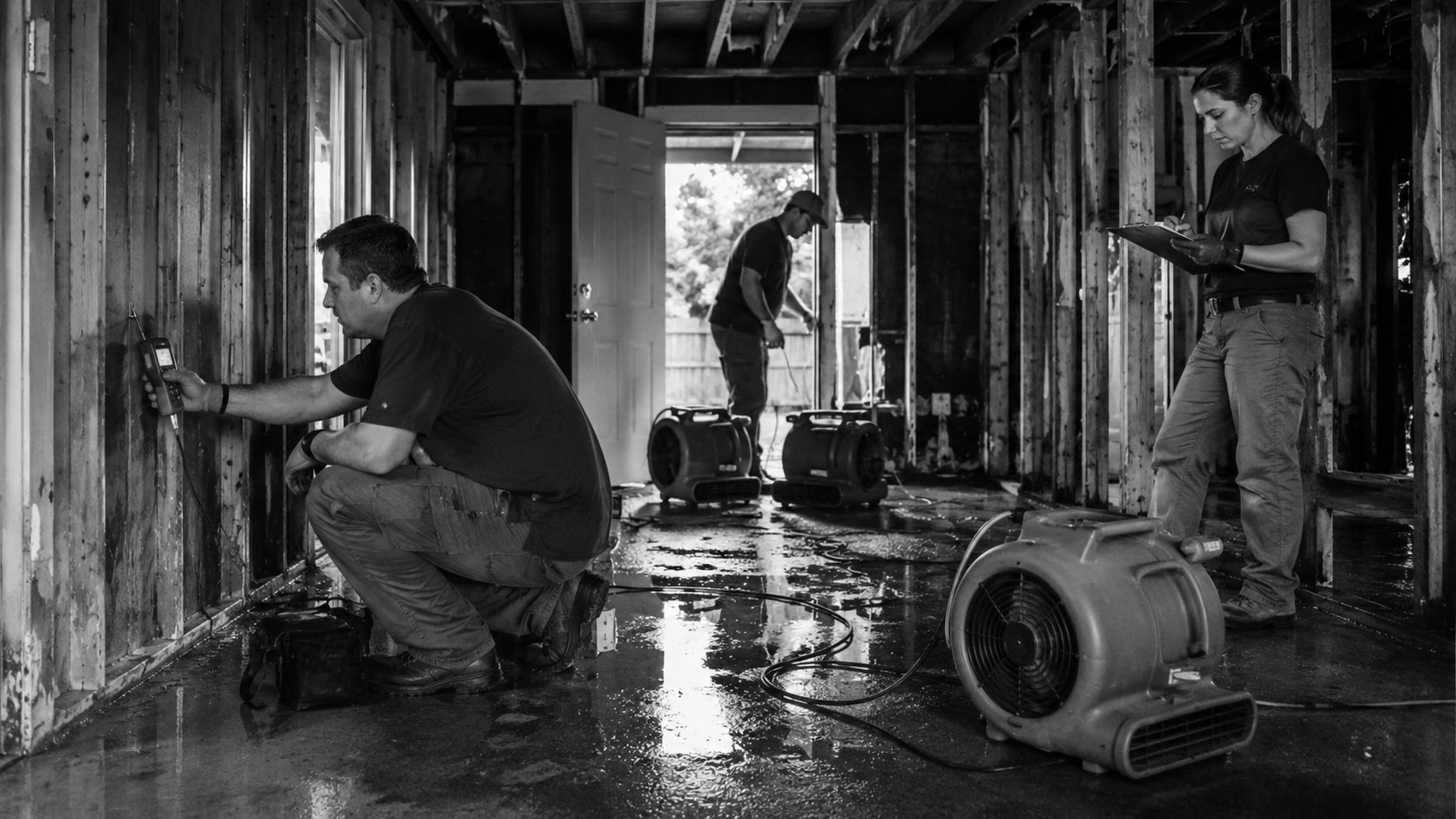 A restoration crew taking moisture readings in a gutted, water-damaged room