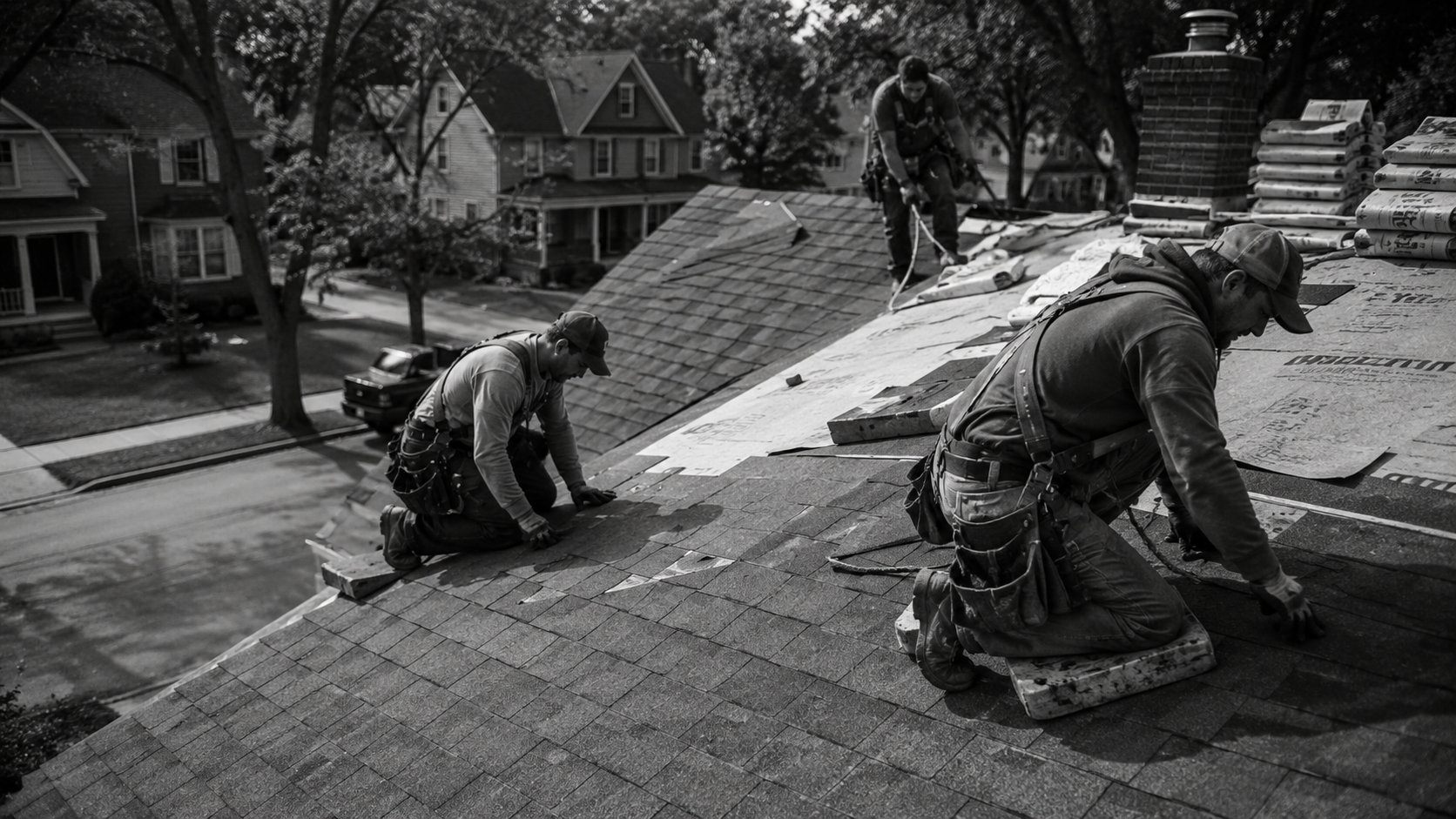 A three-person roofing crew installing shingles on a residential roof