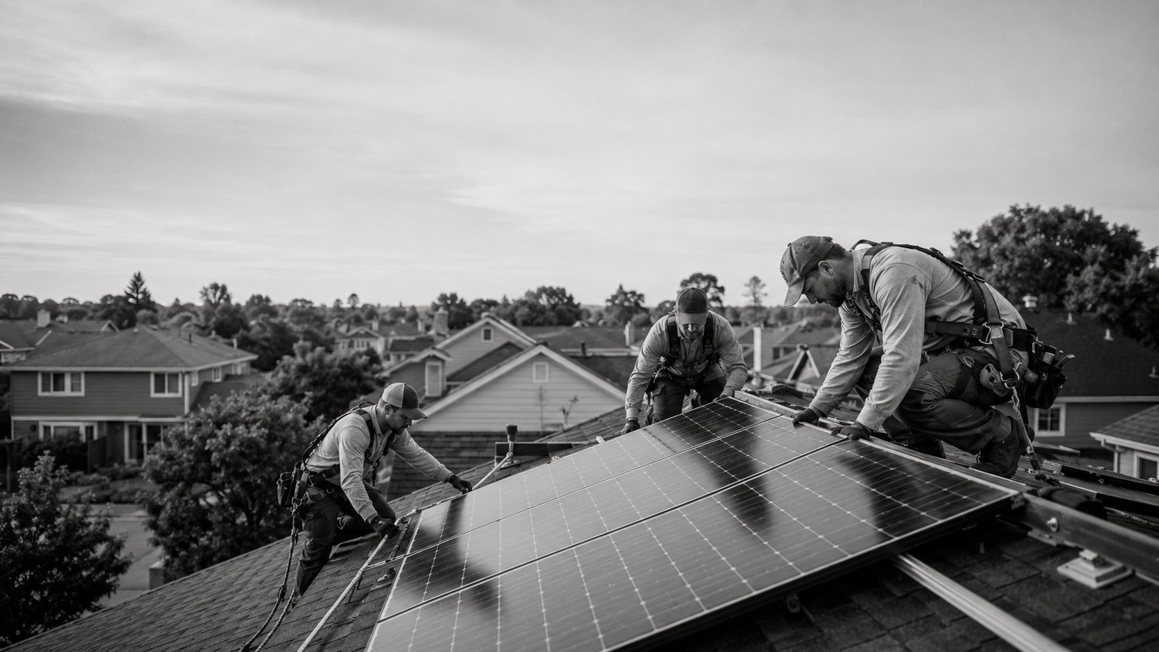 A three-person crew installing solar panels on a residential roof
