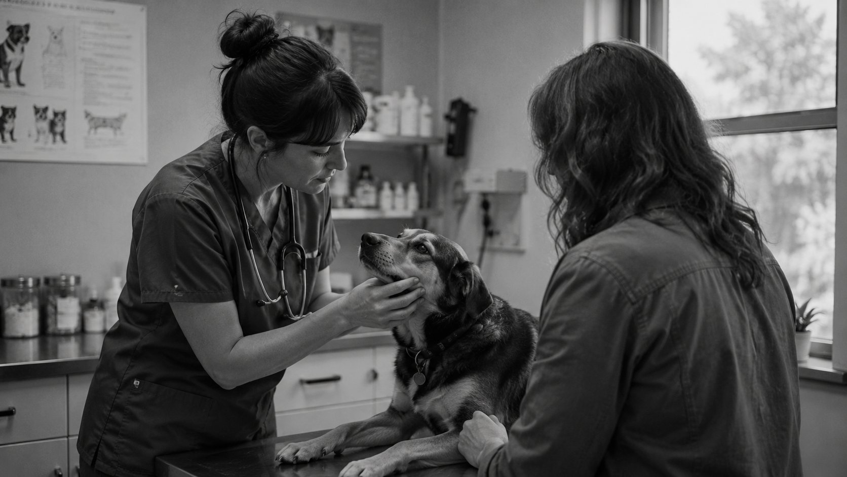 A veterinarian examining a dog on an exam table with the owner present