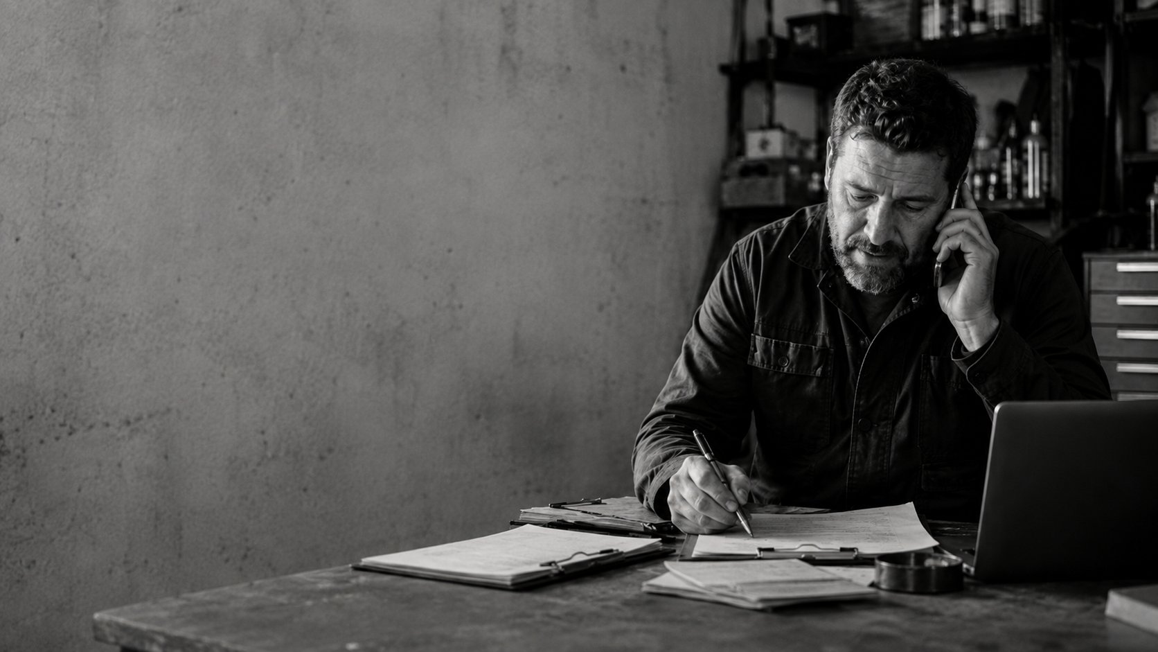 A small business owner reviewing a signed proposal at his desk